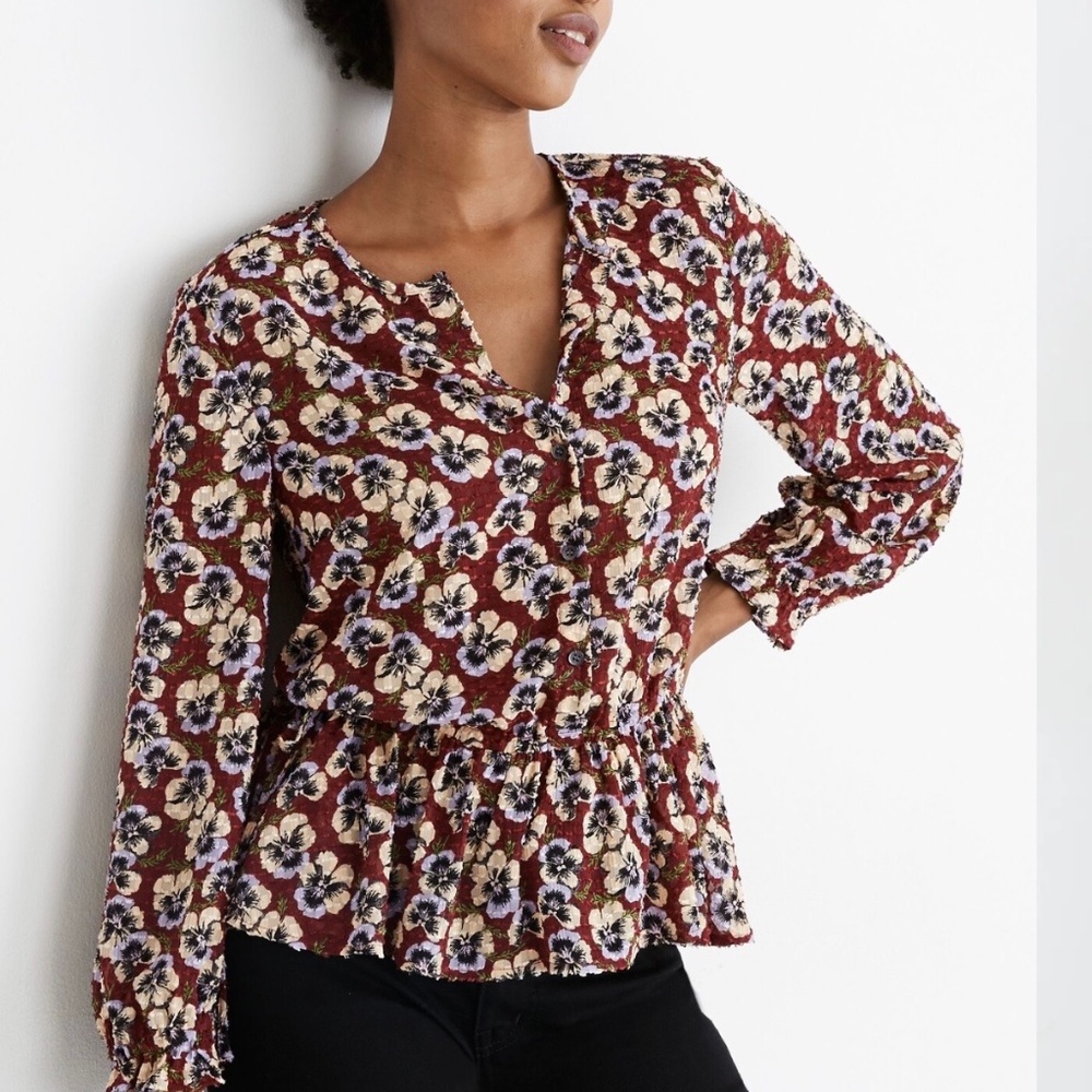 Madewell Drawstring Ruffle-Hem Top in Viola Floral Size M